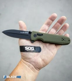 SOG Pentagon XR Lock Knife OD Green G-10 (3.5" Black) -Knife Center Shop SOG Bandaid Pack SOG Bandaids FREE BHQ 12947 kp in hand web