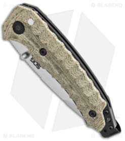 SOG Kiku Spring Assisted Knife Tan Micarta (3.5" Satin) KU-3003 -Knife Center Shop SOG Kiku Assisted Micarta Satin BHQ 124846 jr spine